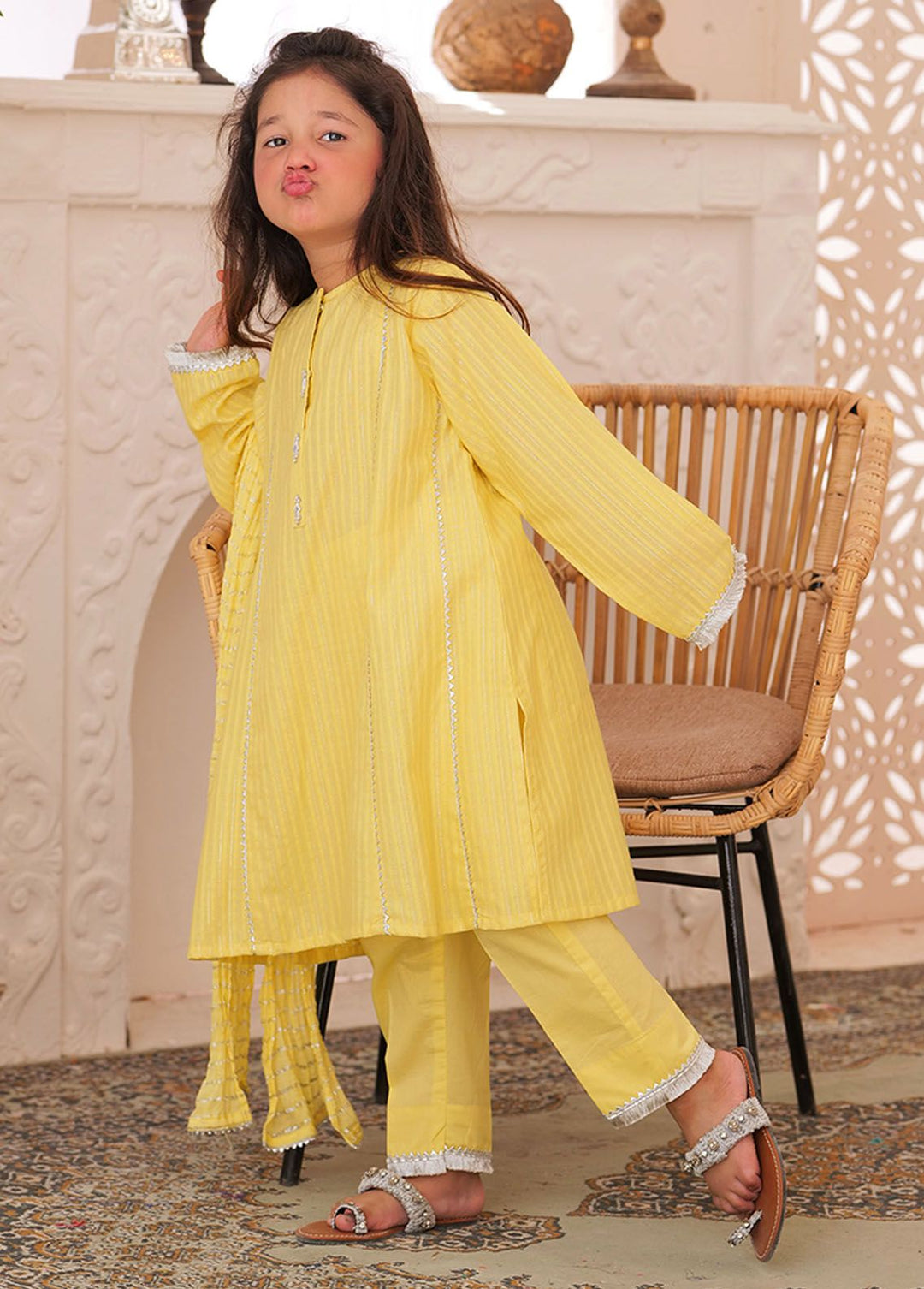 Senorita Cotton Casual 3 Piece Suit for Girls -  KBD-02345-YLW/SLR