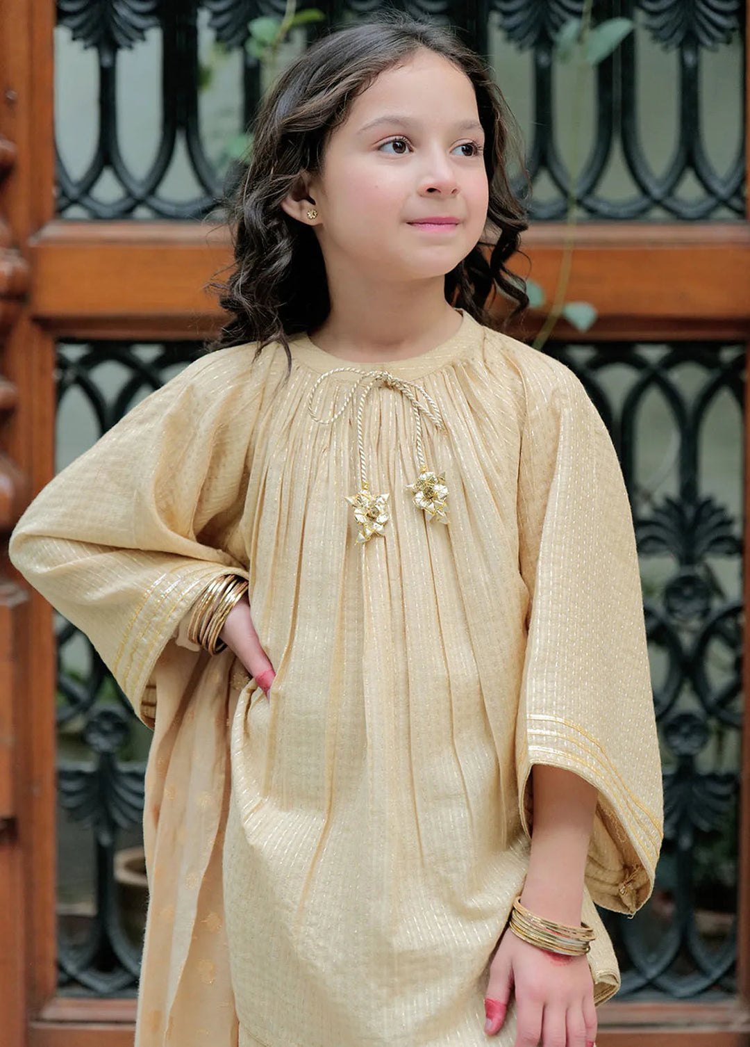 Senorita Cotton Casual 3 Piece Suit for Girls -  KBD-02622-FWN/GLD