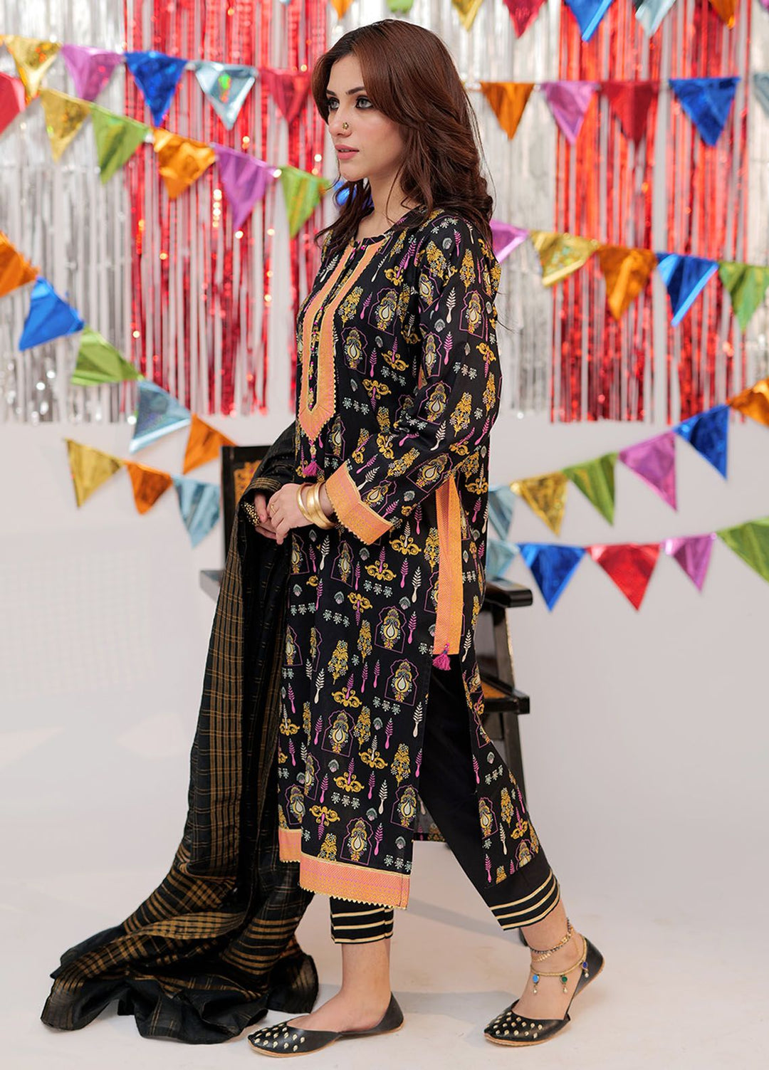 Senorita Cotton Casual 3 Piece Suit for Girls -  LBD-02532-BLK/GLD