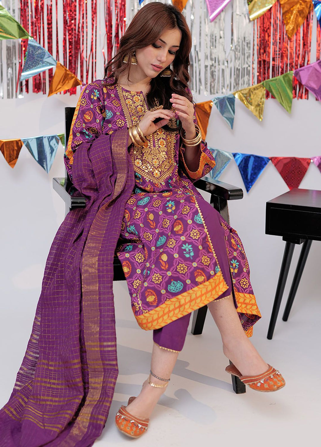 Senorita Cotton Casual 3 Piece Suit for Girls -  LBD-02533-PRL/GLD