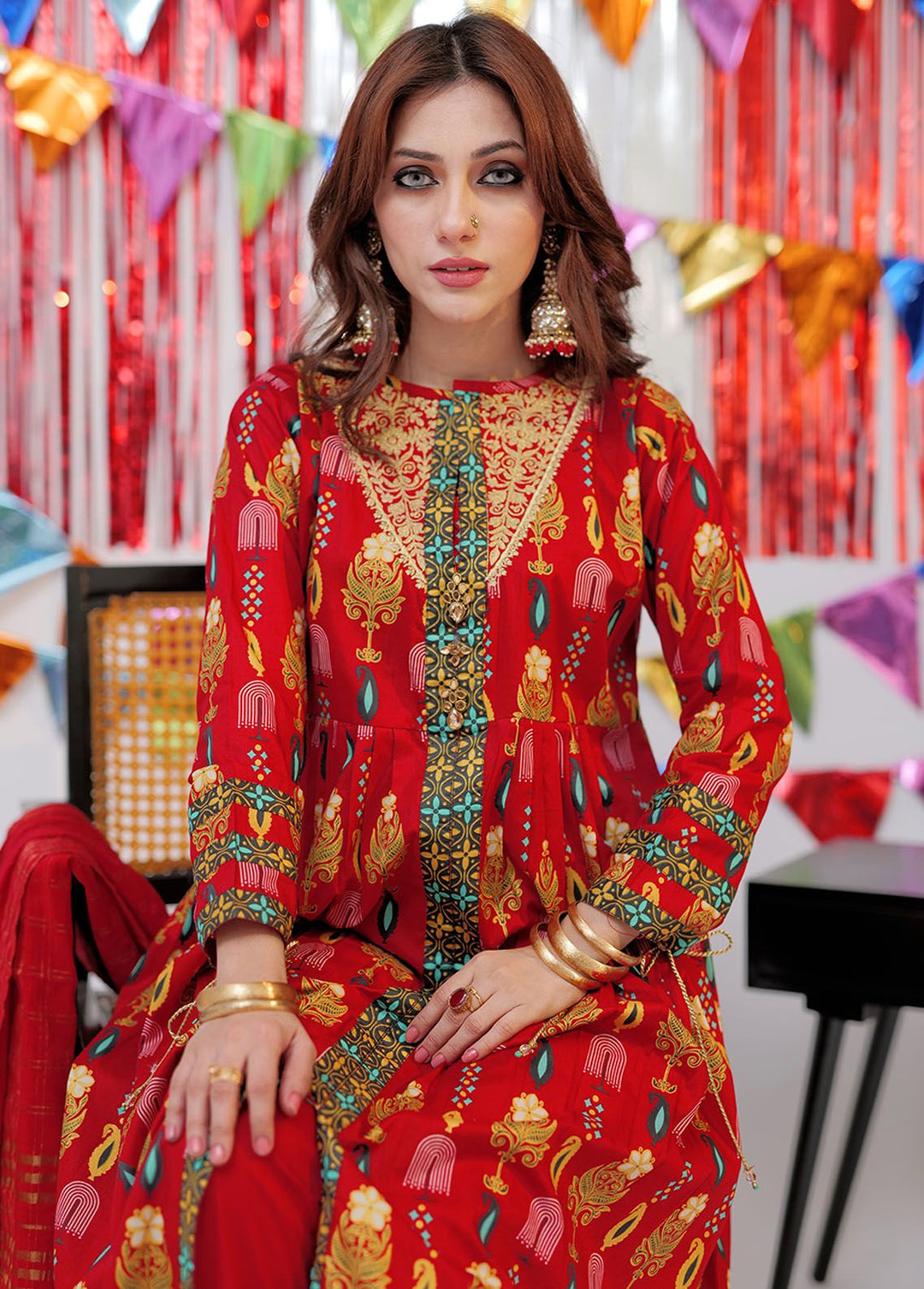 Senorita Cotton Casual 3 Piece Suit for Girls -  LBD-02534-RED/GLD