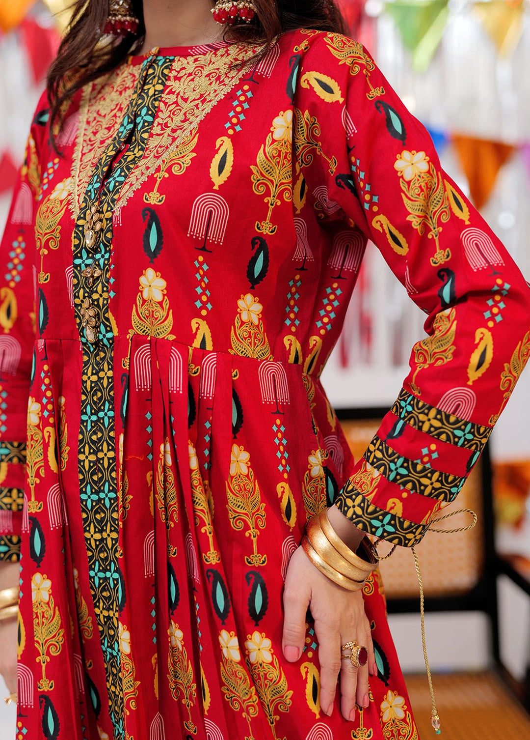 Senorita Cotton Casual 3 Piece Suit for Girls -  LBD-02534-RED/GLD