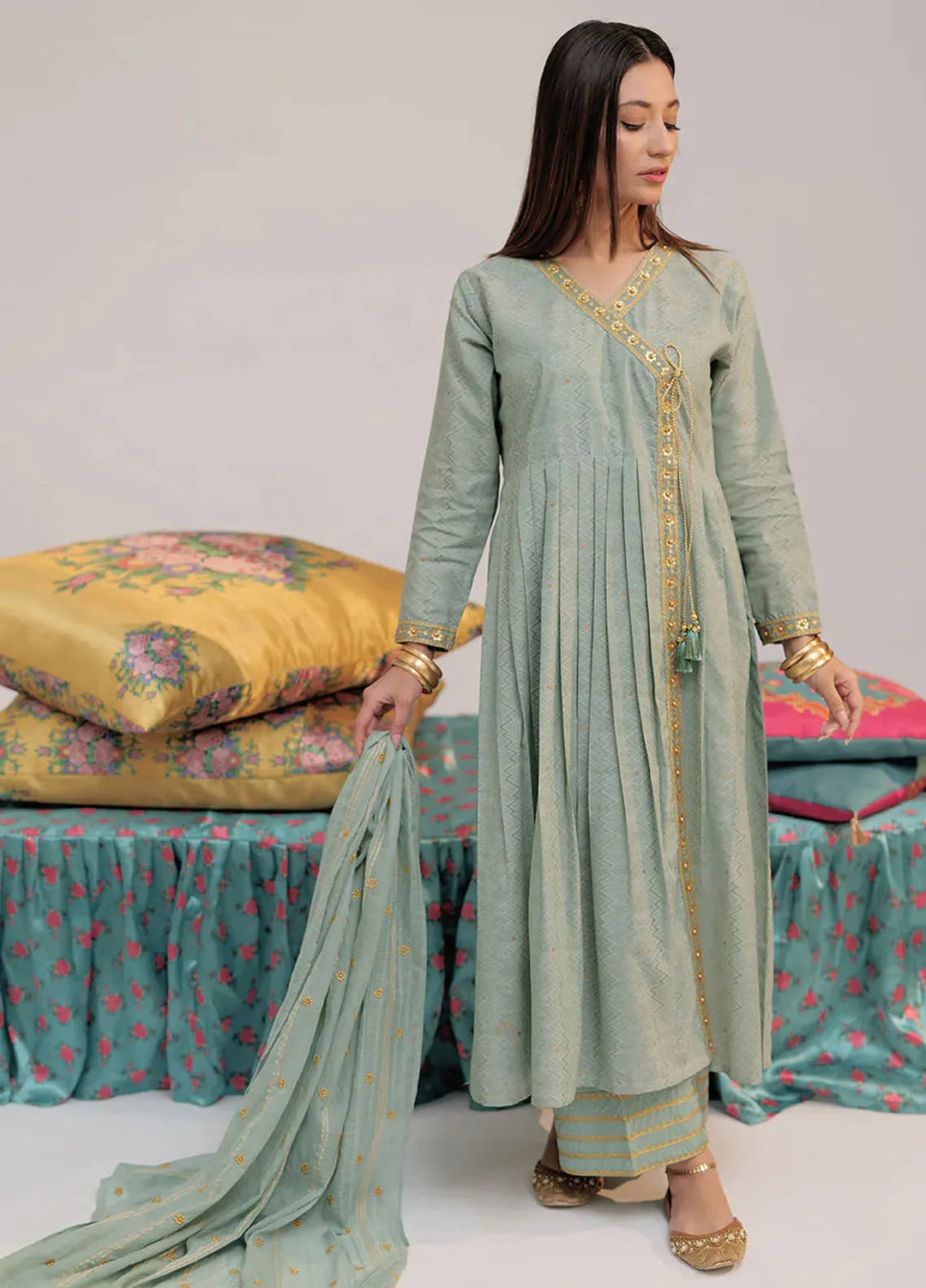 Senorita Cotton Casual 3 Piece Suit for Women -  LBD-02560-GRN/GLD