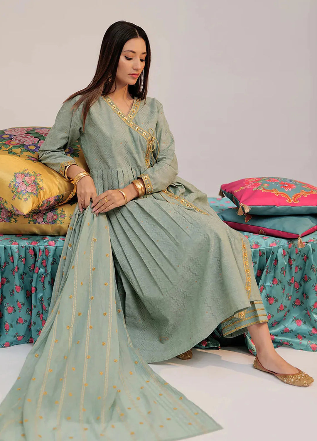 Senorita Cotton Casual 3 Piece Suit for Women -  LBD-02560-GRN/GLD