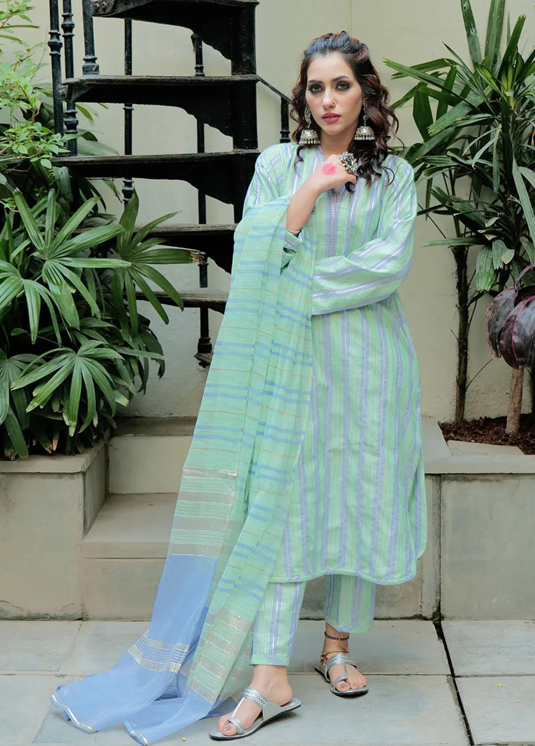 Senorita Cotton Casual 3 Piece Suit for Women -  LBD-02562-GRN/BLU