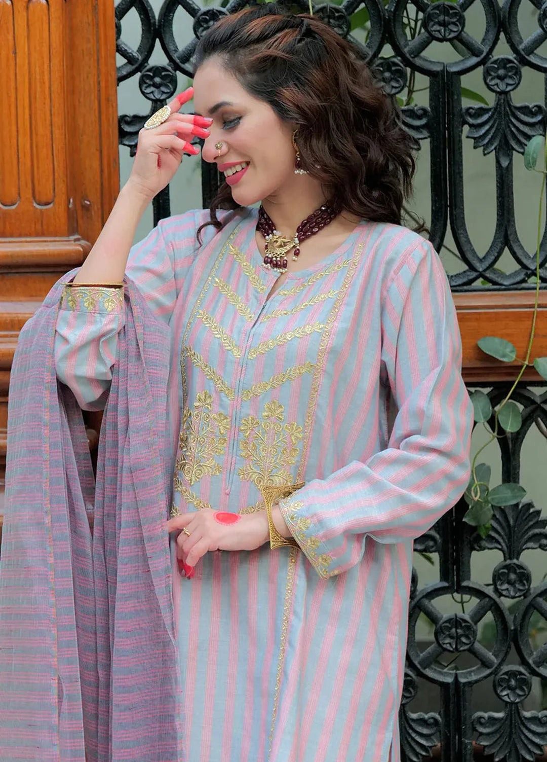 Senorita Cotton Casual 3 Piece Suit for Women -  LBD-02564-GRY/RED