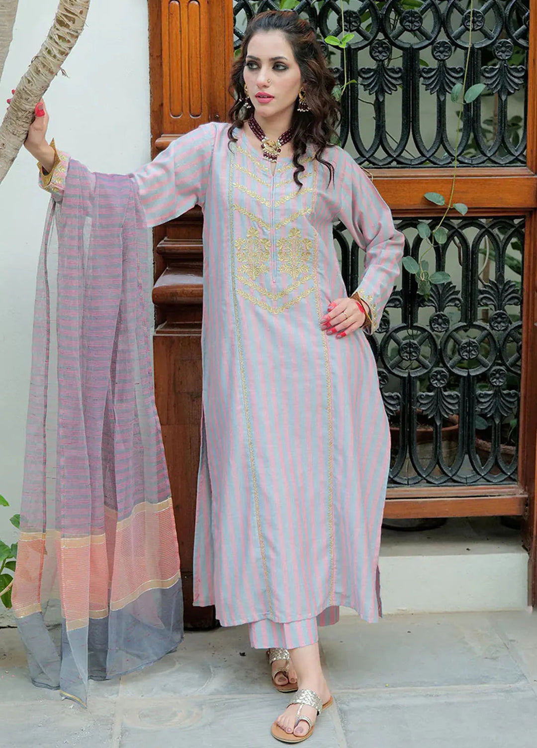 Senorita Cotton Casual 3 Piece Suit for Women -  LBD-02564-GRY/RED