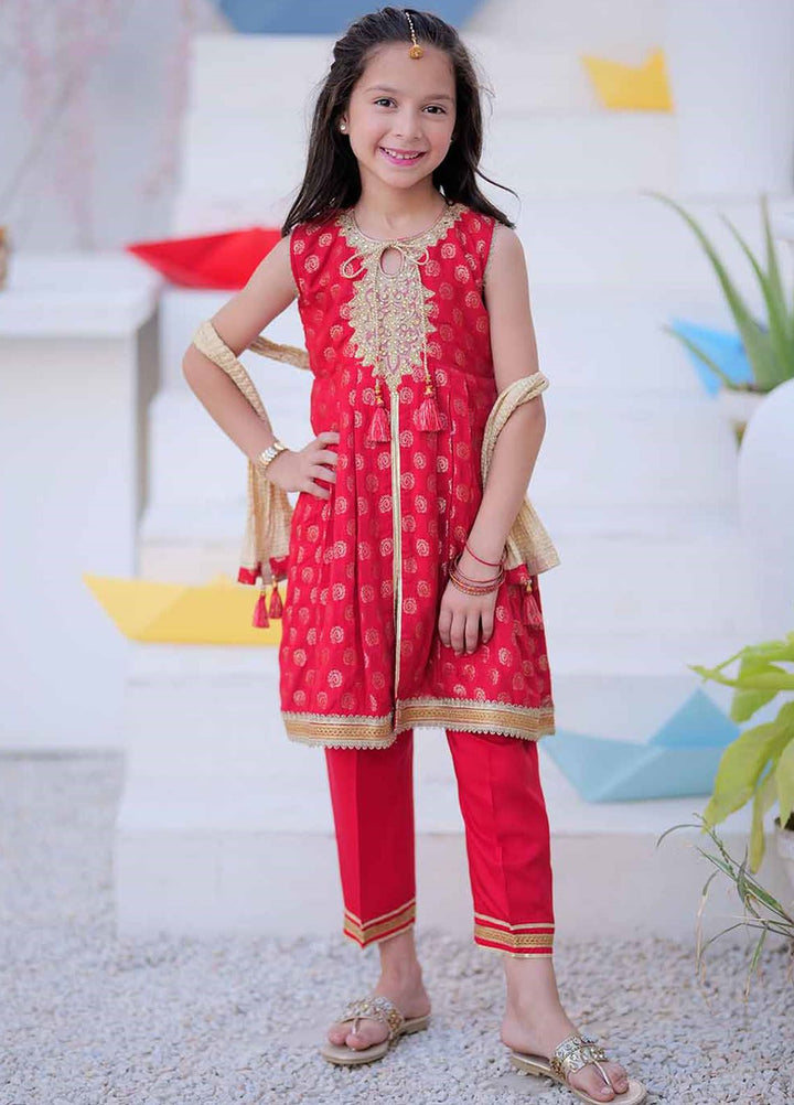 Senorita Jamawar Casual 3 Piece Suit for Girls -  KDD-02407-RED/GLD
