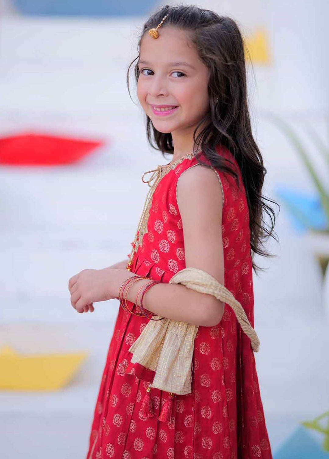 Senorita Jamawar Casual 3 Piece Suit for Girls -  KDD-02407-RED/GLD