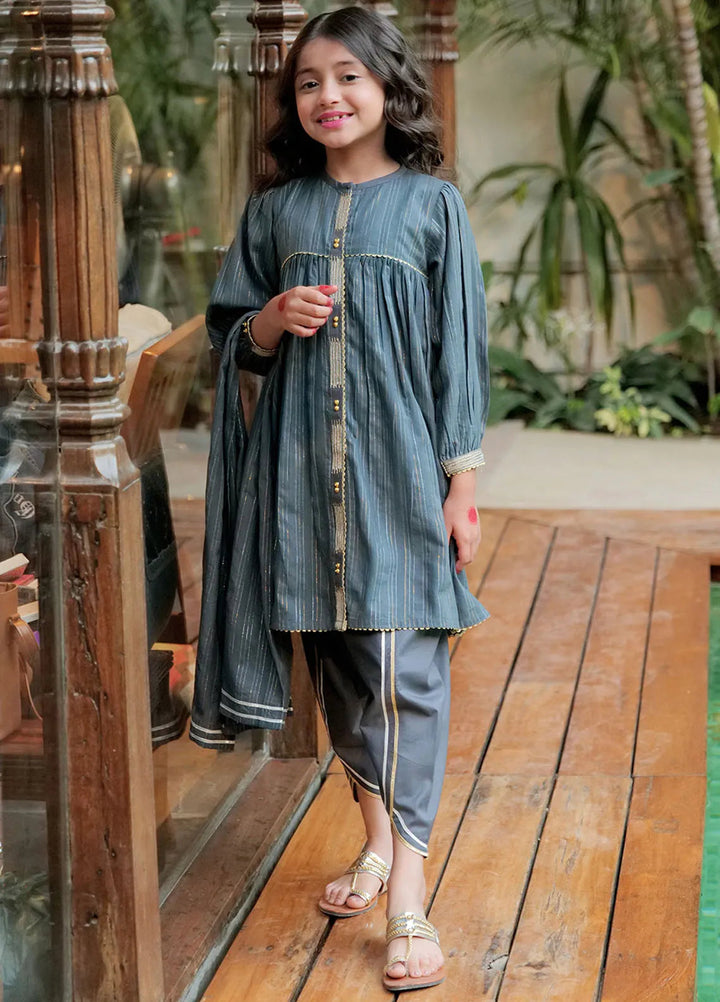 Senorita Organza Casual 3 Piece Suit for Kids -  KBD-02605-GRY/GLD