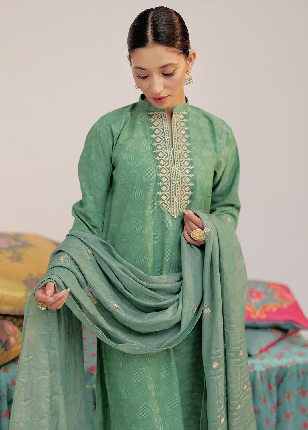 Senorita Pret Casual Cotton 3 Piece Suit LBD-02565-GRN/GLD