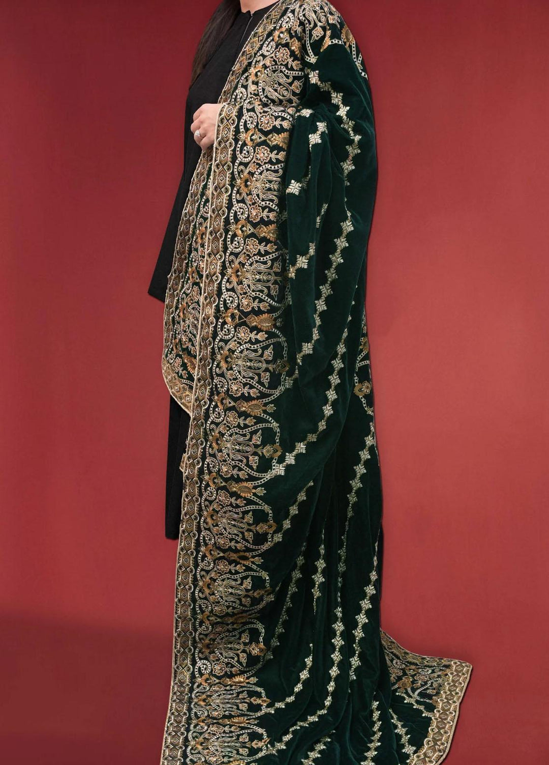 Seran Embroidered Velvet  Shawls SRN23LV Green Velvet Shawl - Velvet Shawls