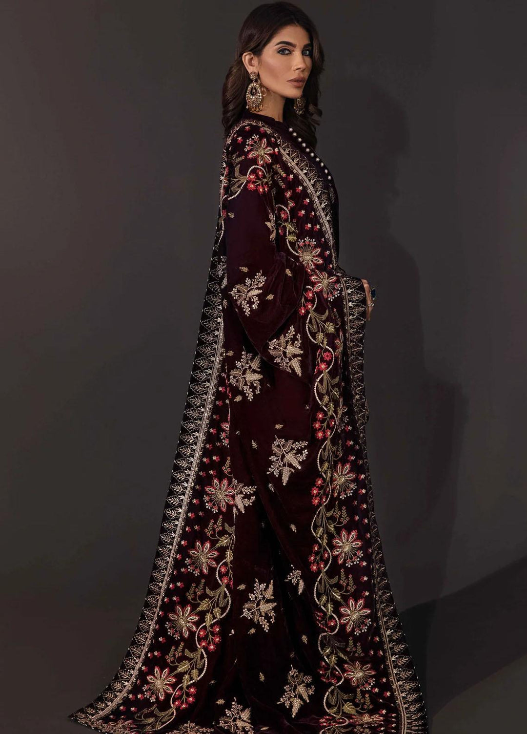 Seran Embroidered Velvet  Shawls SRN23LV Plum Velvet Shawl - Velvet Shawls