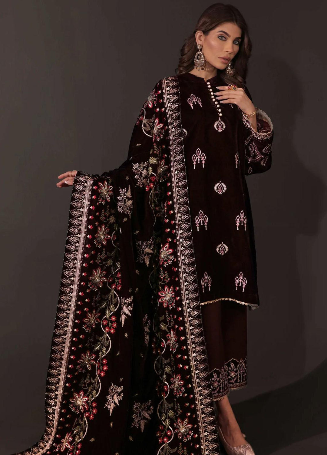 Seran Embroidered Velvet  Shawls SRN23LV Plum Velvet Shawl - Velvet Shawls