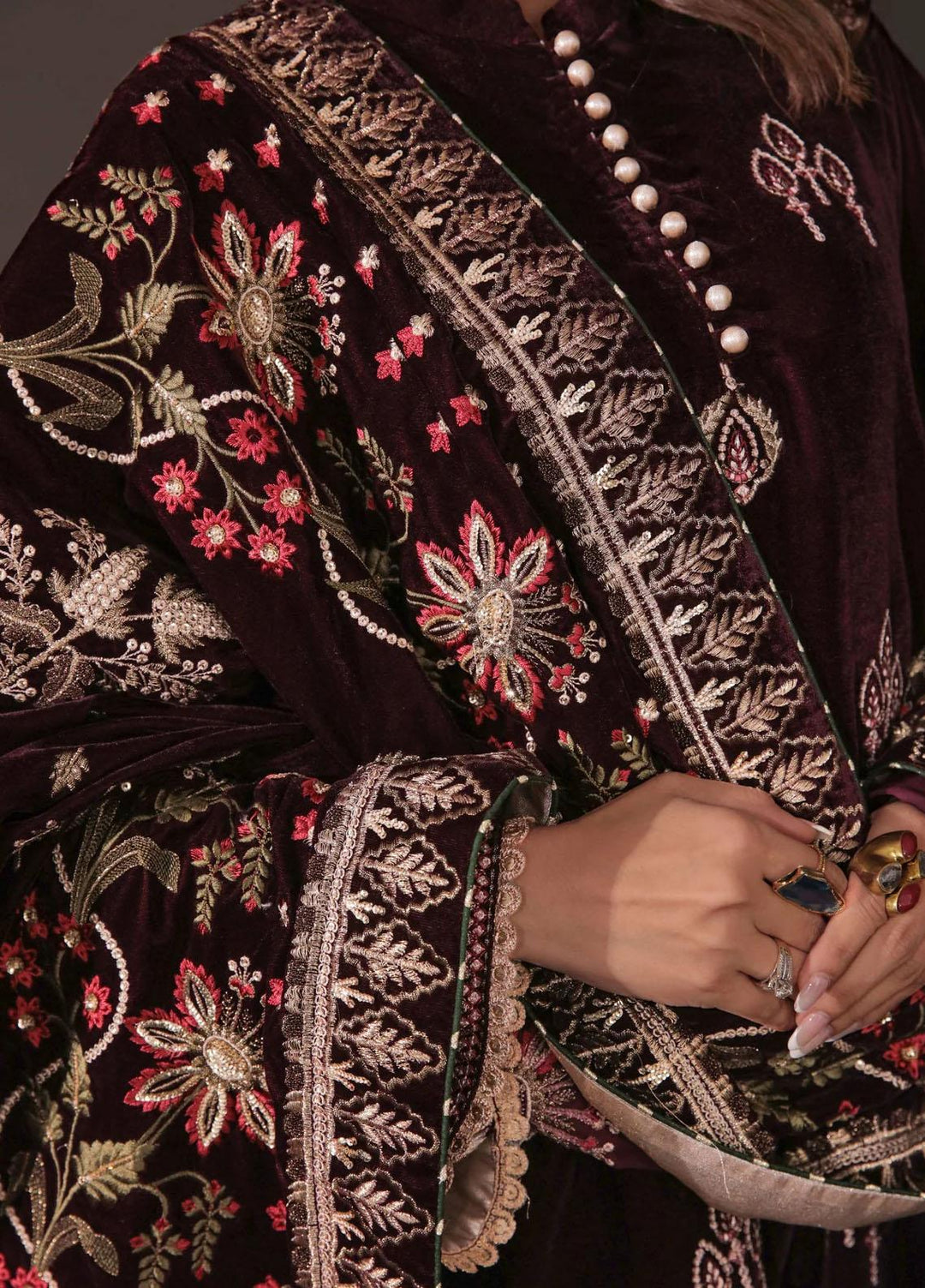 Seran Embroidered Velvet  Shawls SRN23LV Plum Velvet Shawl - Velvet Shawls