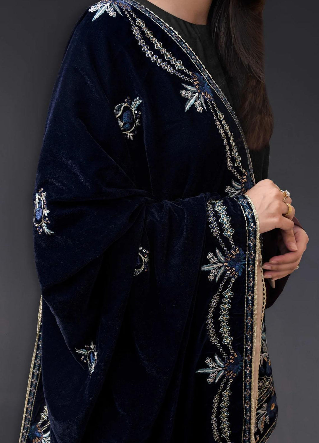 Seran Embroidered Velvet  Shawls SRN23LV Navy Blue Velvet Shawl - Velvet Shawls
