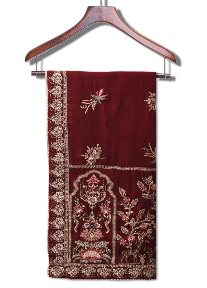 Seran Embroidered Velvet  Shawls SRN23LV Maroon Velvet Shawl - Velvet Shawls