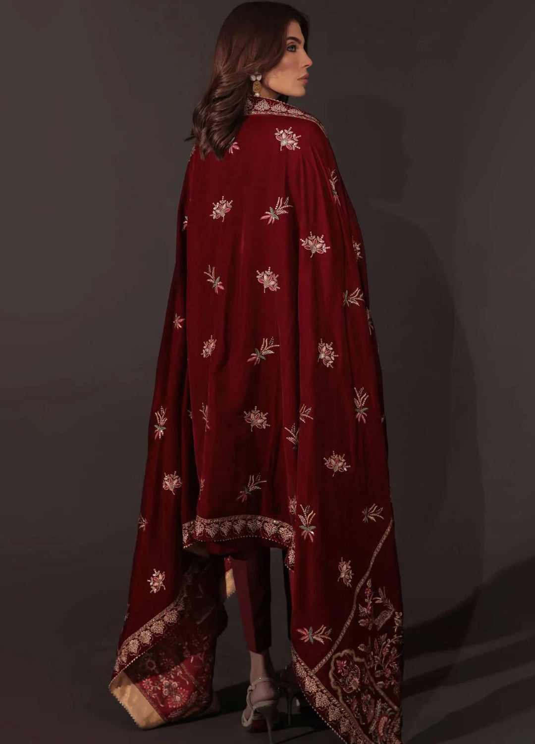 Seran Embroidered Velvet  Shawls SRN23LV Maroon Velvet Shawl - Velvet Shawls