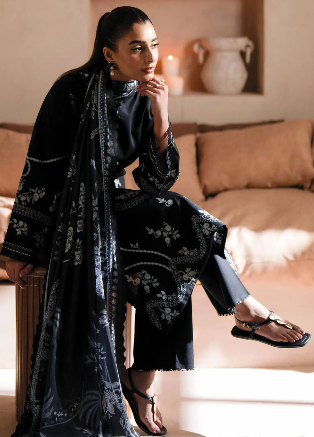 Seran Monochrome Embroidered Lawn Suit Unstitched 3 Piece SRN24M D-06 Elysian - Summer Collection