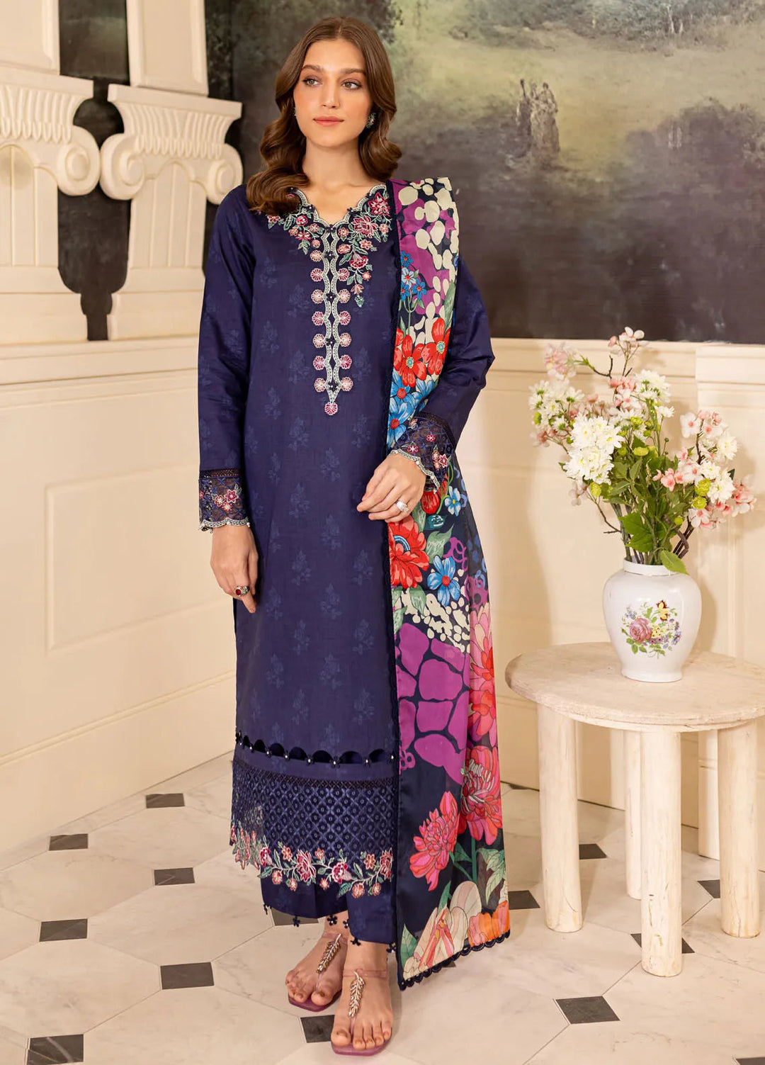 Seraya By Farasha Embroidered Lawn Suit Unstitched 3 Piece FSH24S D-02 Indigo - Summer Collection