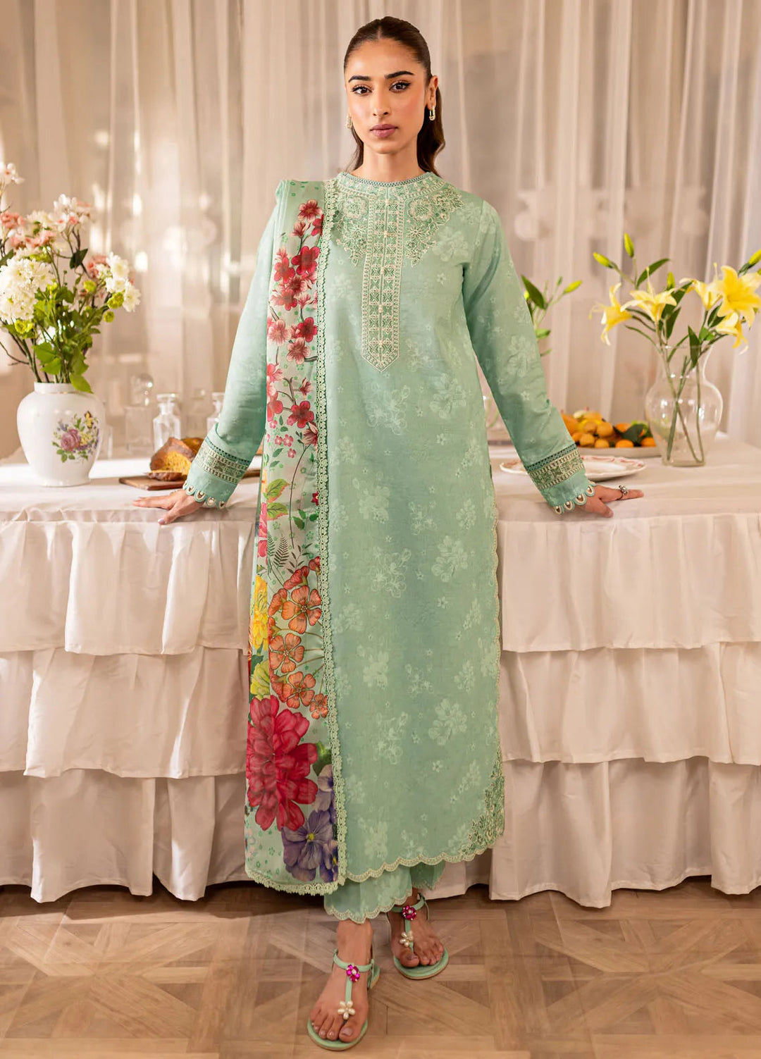Seraya By Farasha Embroidered Lawn Suit Unstitched 3 Piece FSH24S D-10 Sage - Summer Collection