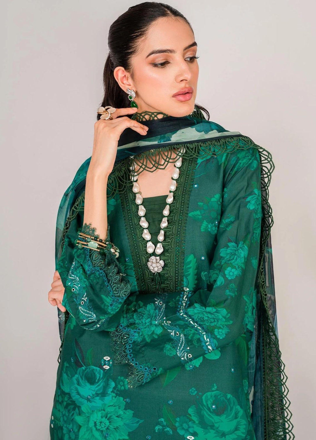 Serene By Shazme Embroidered Lawn Suits Unstitched 3 Piece SHZ23S SH-01 Emerald - Summer Collection