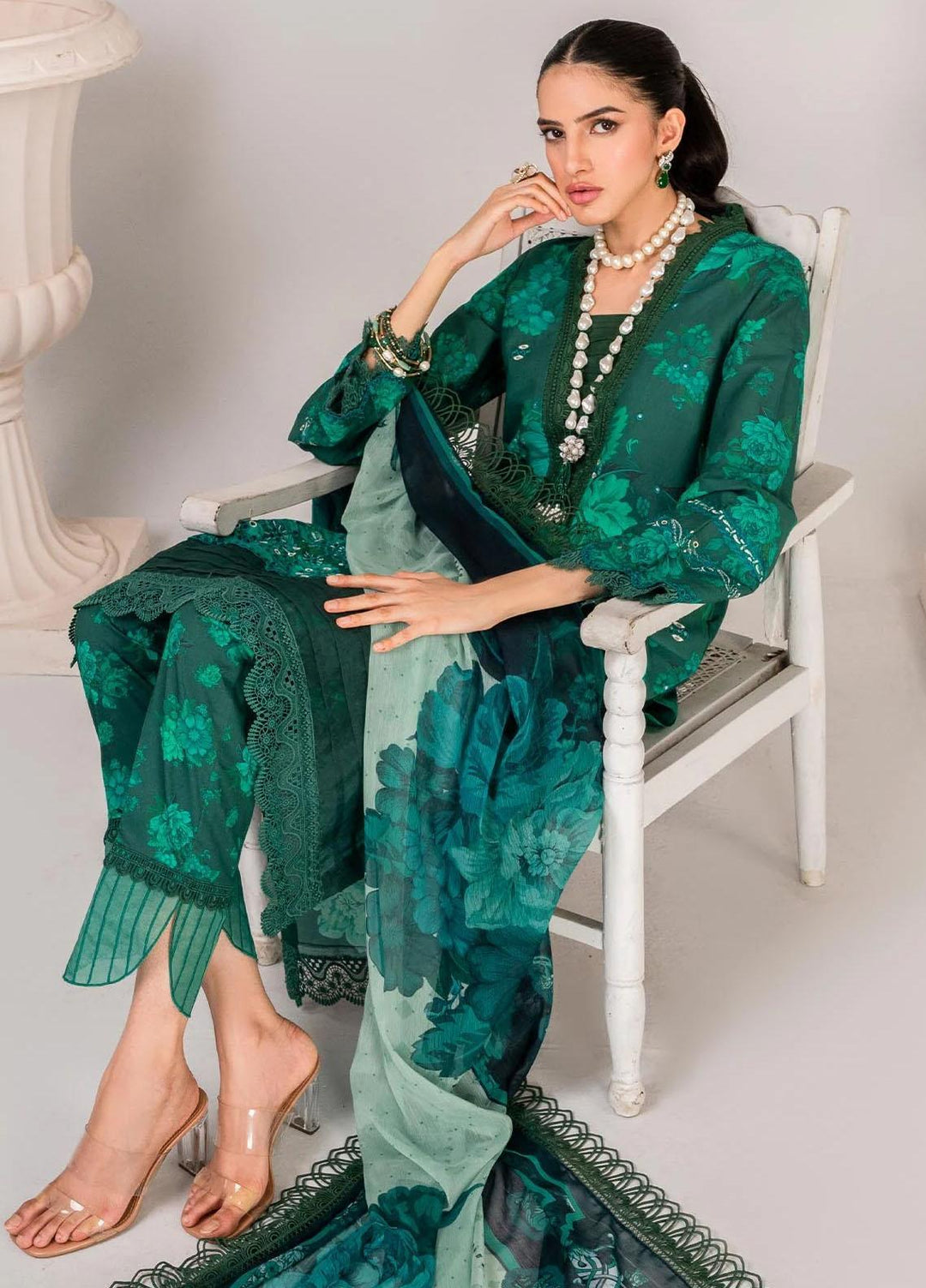 Serene By Shazme Embroidered Lawn Suits Unstitched 3 Piece SHZ23S SH-01 Emerald - Summer Collection