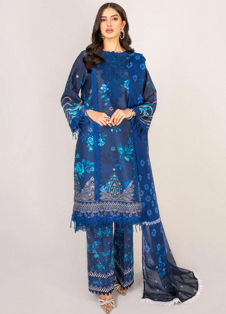 Serene By Shazme Embroidered Lawn Suits Unstitched 3 Piece SHZ23S SH-02 Sapphire Blossoms - Summer Collection