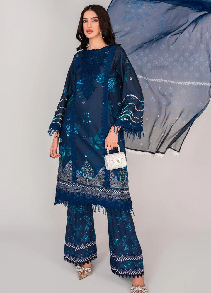 Serene By Shazme Embroidered Lawn Suits Unstitched 3 Piece SHZ23S SH-02 Sapphire Blossoms - Summer Collection