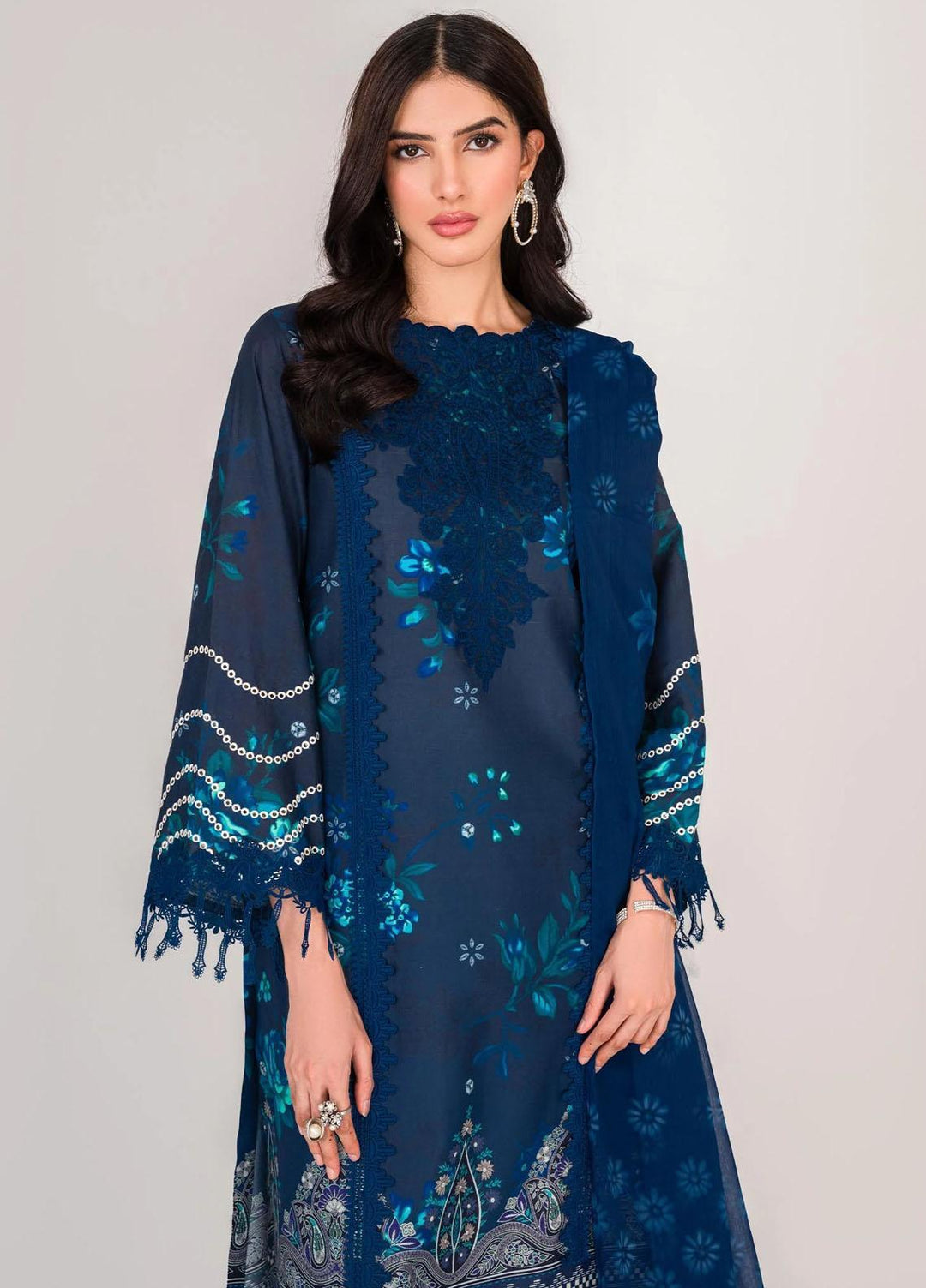 Serene By Shazme Embroidered Lawn Suits Unstitched 3 Piece SHZ23S SH-02 Sapphire Blossoms - Summer Collection