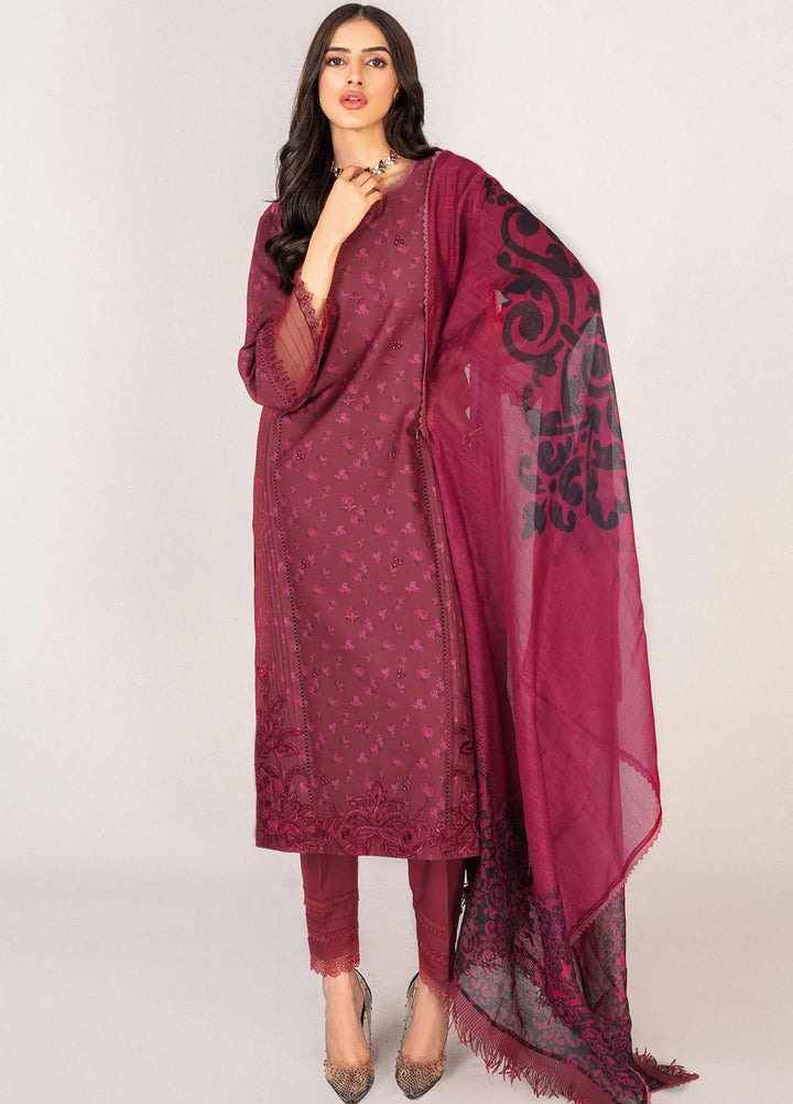 Serene By Shazme Embroidered Lawn Suits Unstitched 3 Piece SHZ23S SH-03 Majestic Maroon - Summer Collection