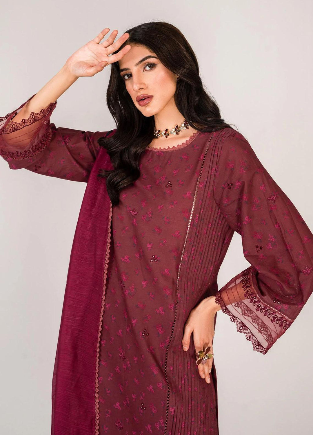 Serene By Shazme Embroidered Lawn Suits Unstitched 3 Piece SHZ23S SH-03 Majestic Maroon - Summer Collection