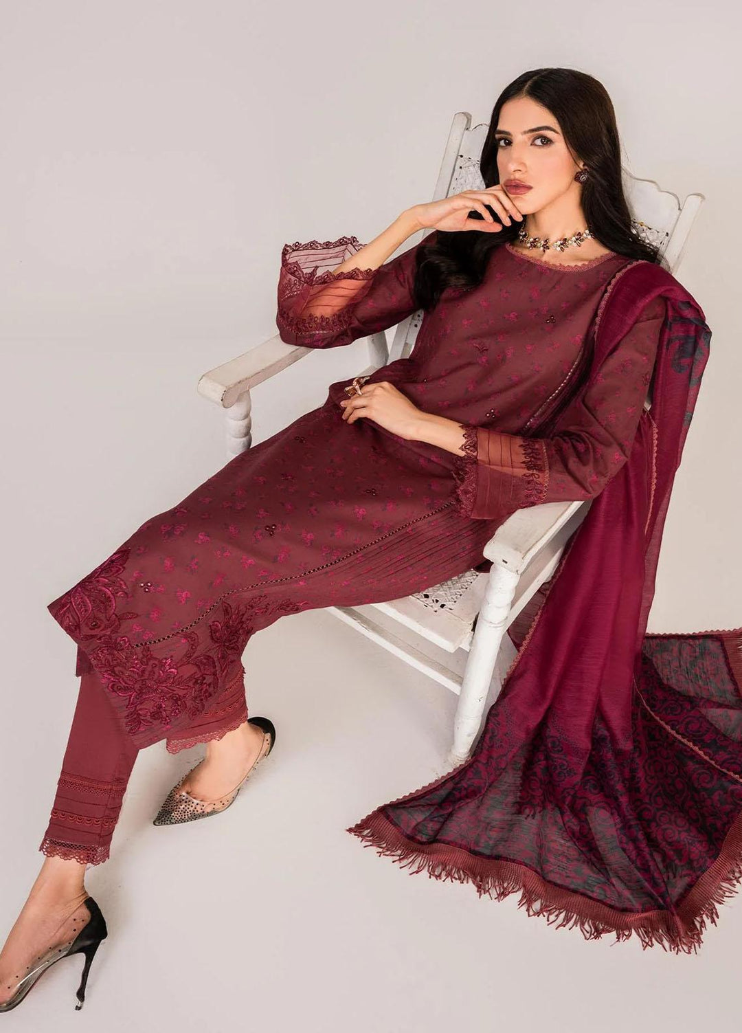 Serene By Shazme Embroidered Lawn Suits Unstitched 3 Piece SHZ23S SH-03 Majestic Maroon - Summer Collection