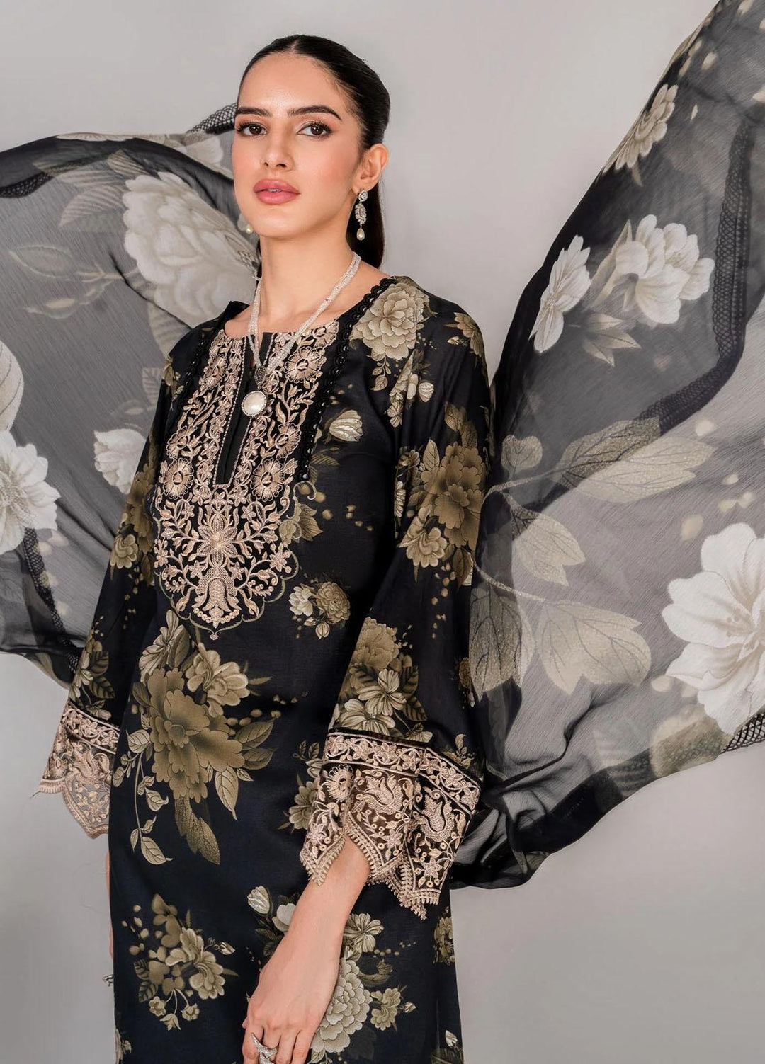 Serene By Shazme Embroidered Lawn Suits Unstitched 3 Piece SHZ23S SH-04 Floral Noir - Summer Collection