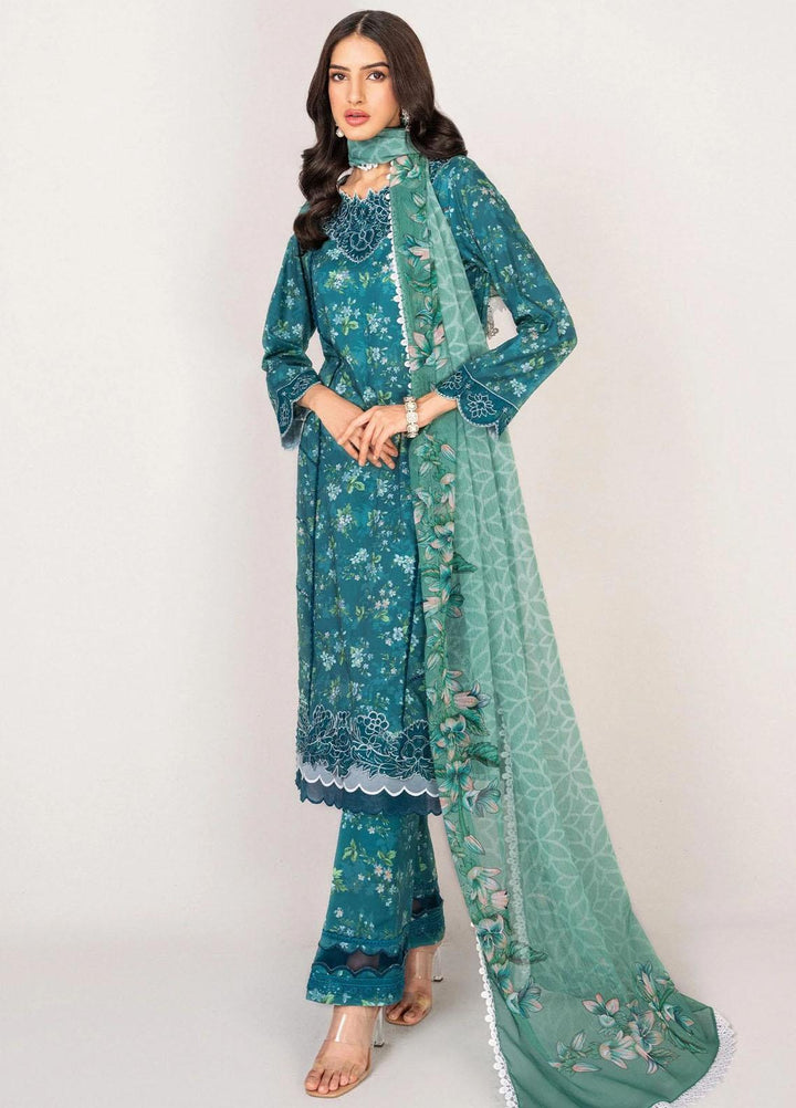 Serene By Shazme Embroidered Lawn Suits Unstitched 3 Piece SHZ23S SH-06 Teal Bloom - Summer Collection