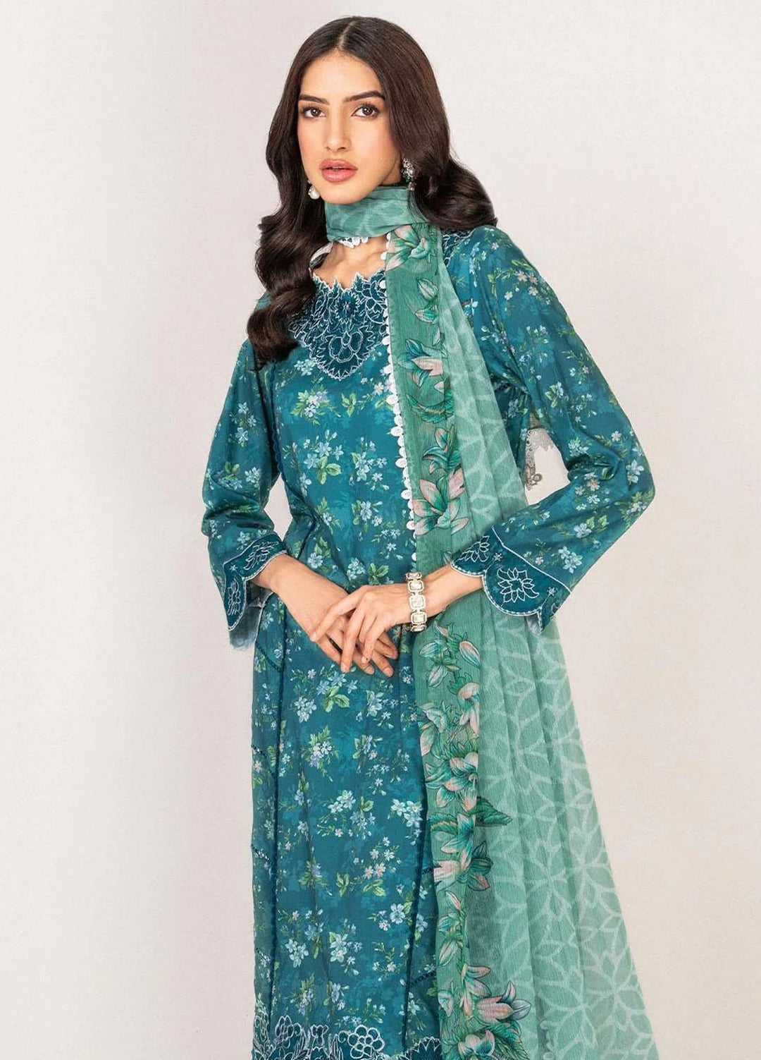 Serene By Shazme Embroidered Lawn Suits Unstitched 3 Piece SHZ23S SH-06 Teal Bloom - Summer Collection