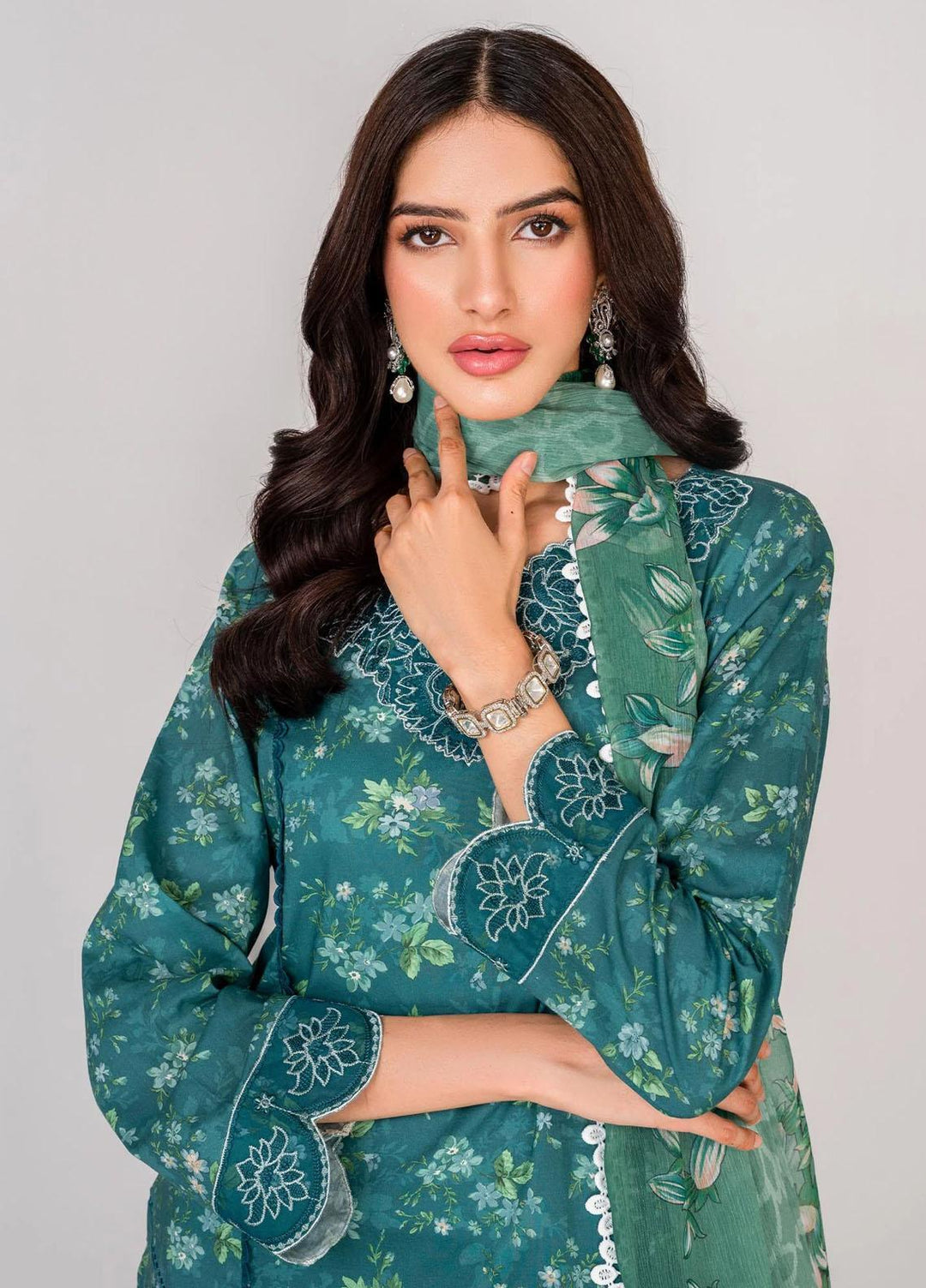 Serene By Shazme Embroidered Lawn Suits Unstitched 3 Piece SHZ23S SH-06 Teal Bloom - Summer Collection