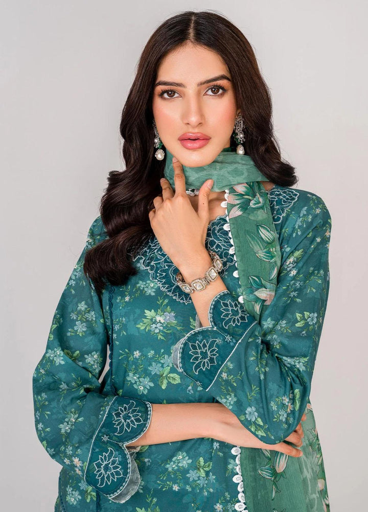 Serene By Shazme Embroidered Lawn Suits Unstitched 3 Piece SHZ23S SH-06 Teal Bloom - Summer Collection