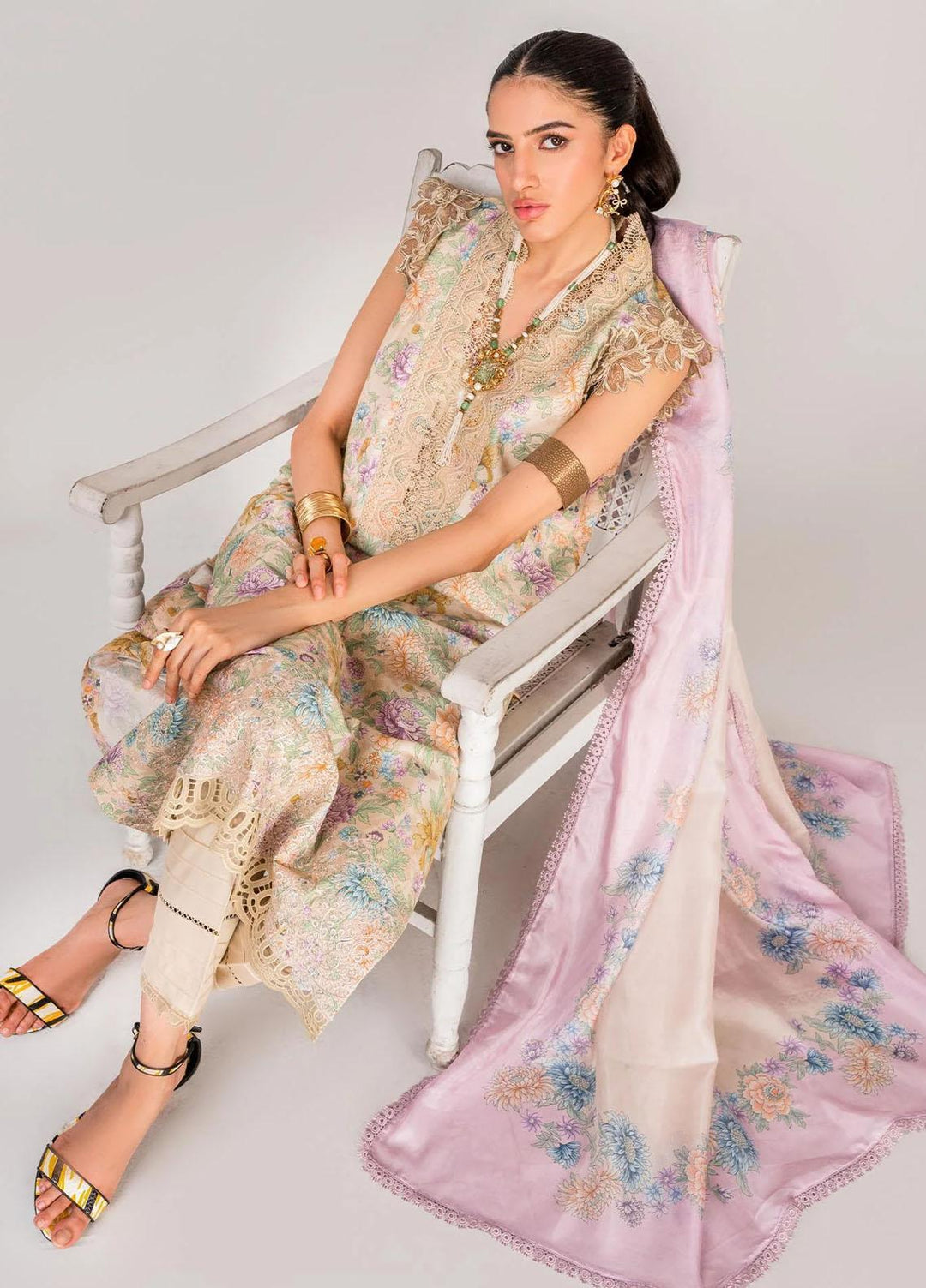 Serene By Shazme Embroidered Lawn Suits Unstitched 3 Piece SHZ23S SH-08 Blossoming Lime - Summer Collection