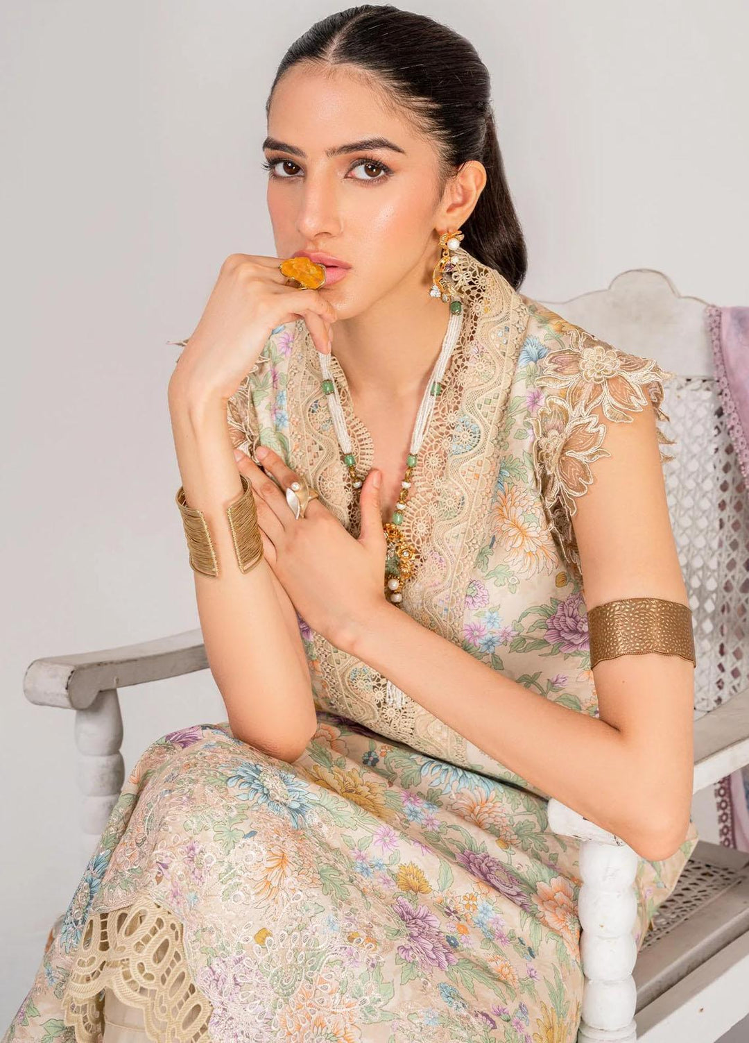 Serene By Shazme Embroidered Lawn Suits Unstitched 3 Piece SHZ23S SH-08 Blossoming Lime - Summer Collection