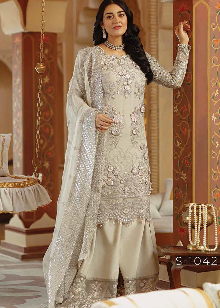 Serene Premium Embroidered Chiffon Suits Unstitched 3 Piece S-1042 Oyster Pearl - Luxury Collection