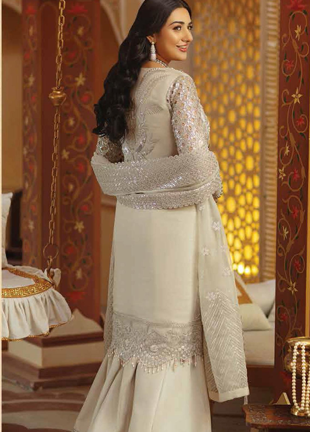 Serene Premium Embroidered Chiffon Suits Unstitched 3 Piece S-1042 Oyster Pearl - Luxury Collection