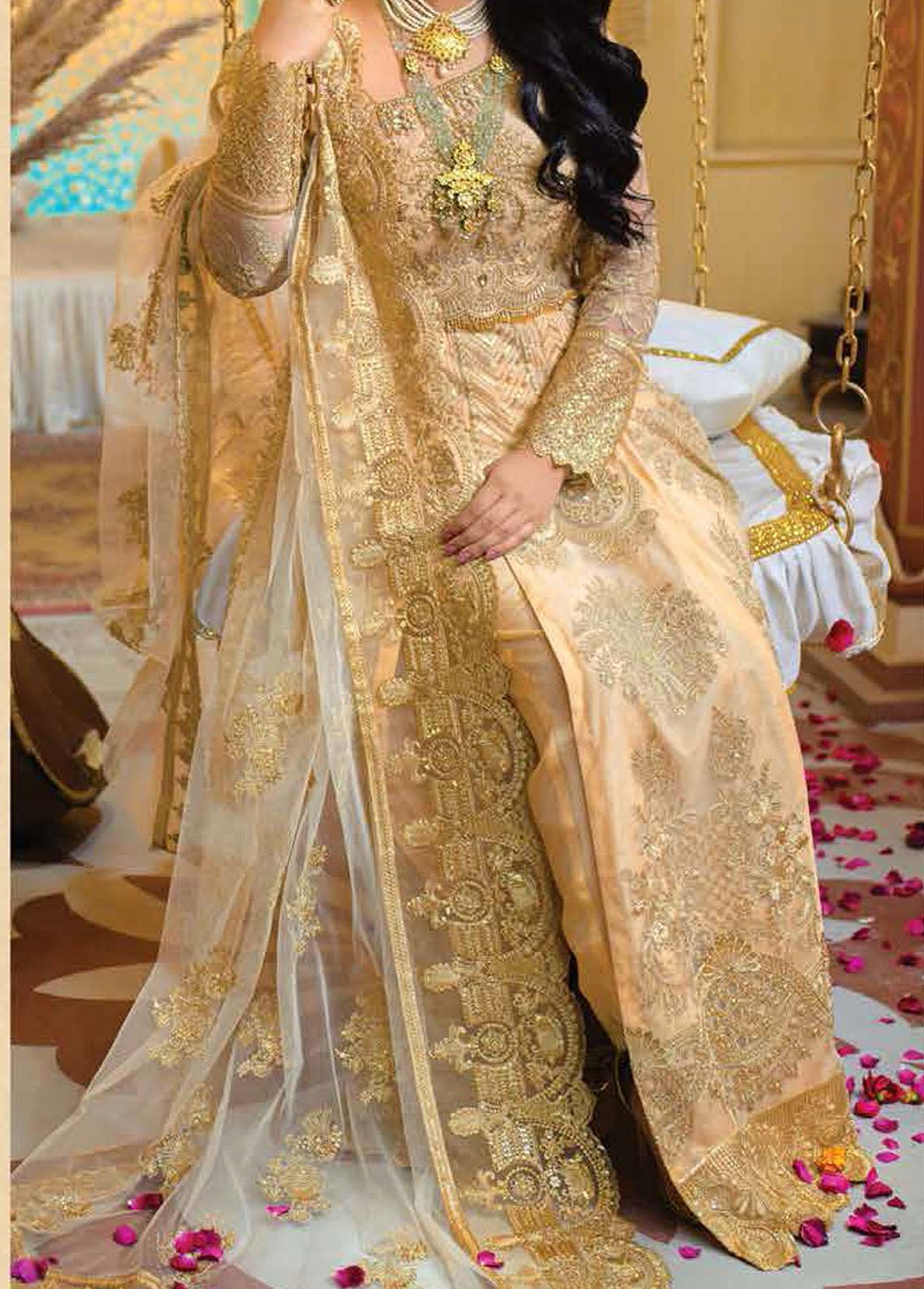 Serene Premium Embroidered Net Suits Unstitched 3 Piece S-1049 Honey Glazed - Luxury Collection
