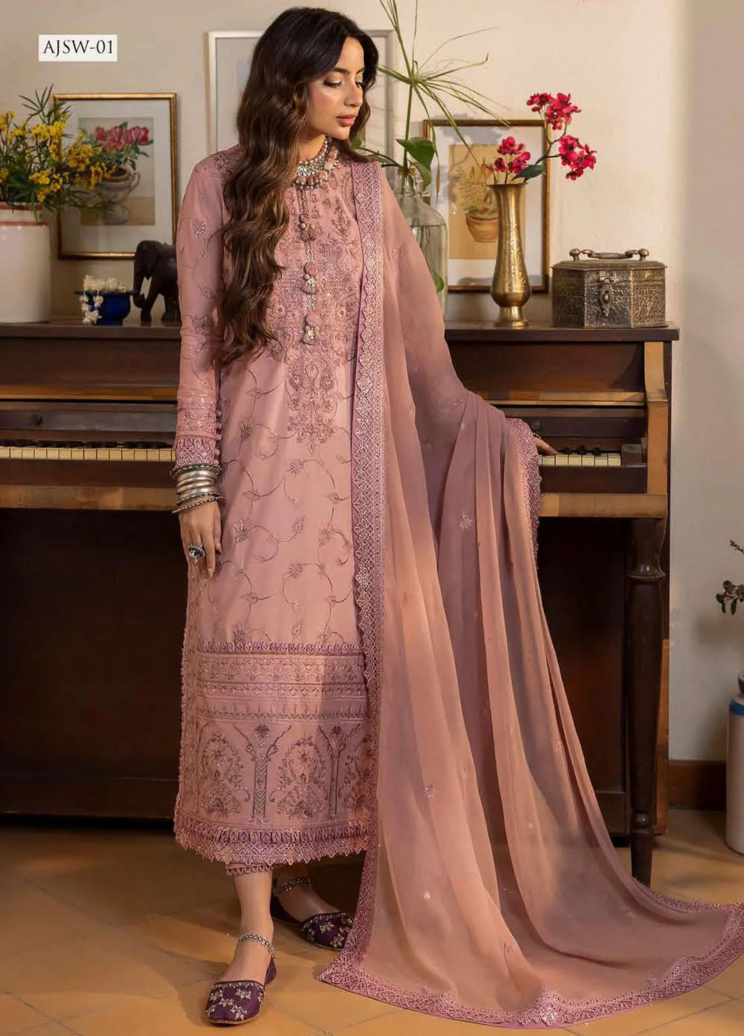 Shadow Work By Asim Jofa Embroidered Lawn Unstitched Suit 3 Piece AJ23SW AJSW-01 - Luxury Festive Collection