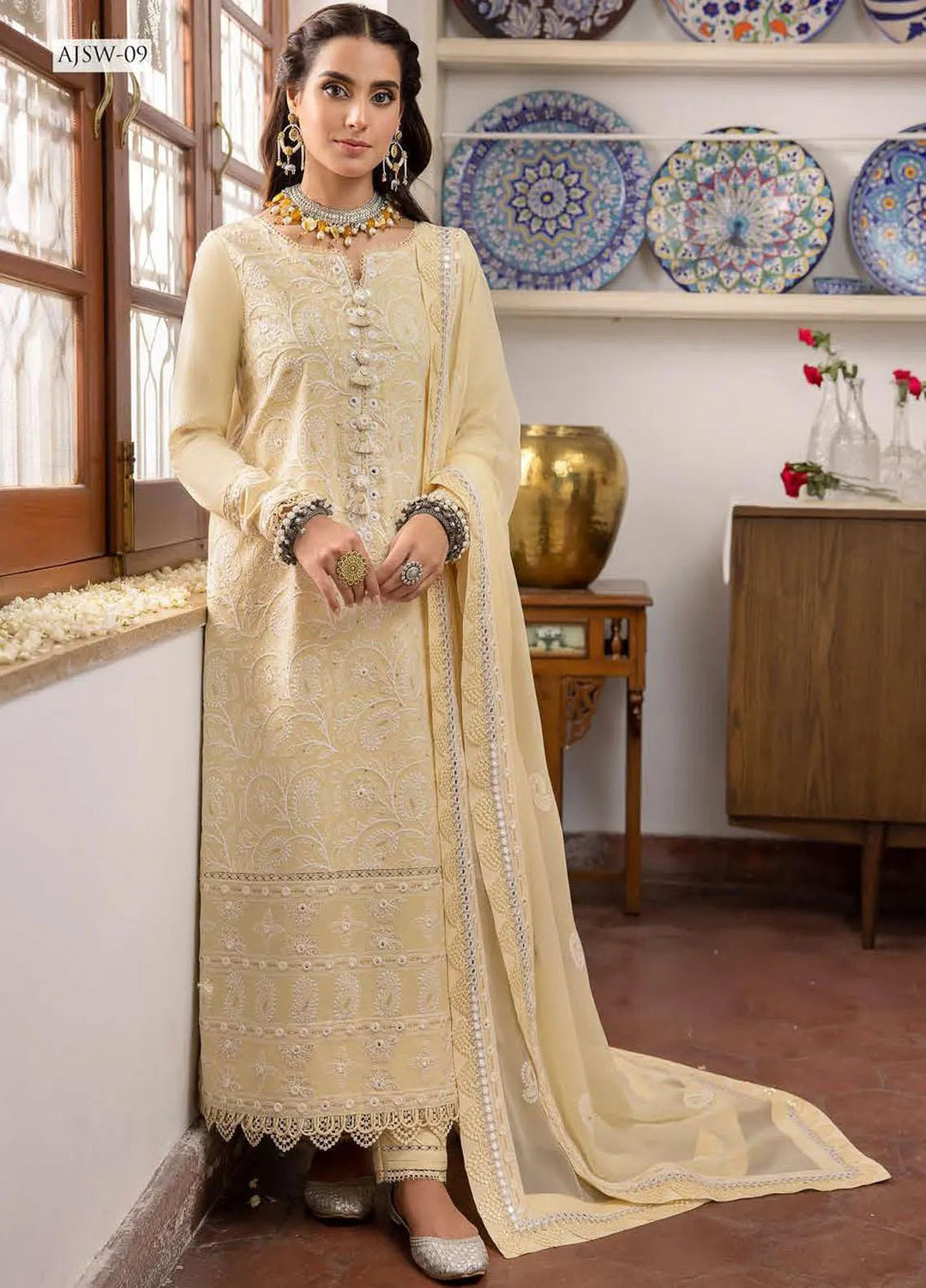 Shadow Work By Asim Jofa Embroidered Lawn Unstitched Suit 3 Piece AJ23SW AJSW-09 - Luxury Festive Collection
