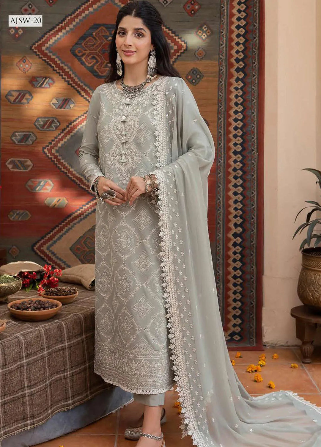 Shadow Work By Asim Jofa Embroidered Lawn Unstitched Suit 3 Piece AJ23SW AJSW-20 - Luxury Festive Collection