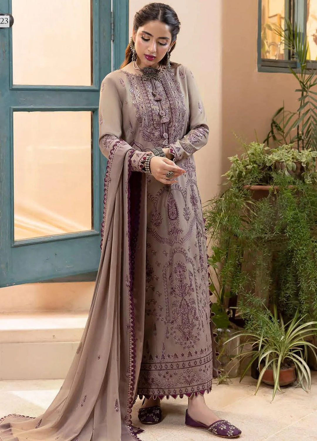 Shadow Work By Asim Jofa Embroidered Lawn Unstitched Suit 3 Piece AJ23SW AJSW-23 - Luxury Festive Collection