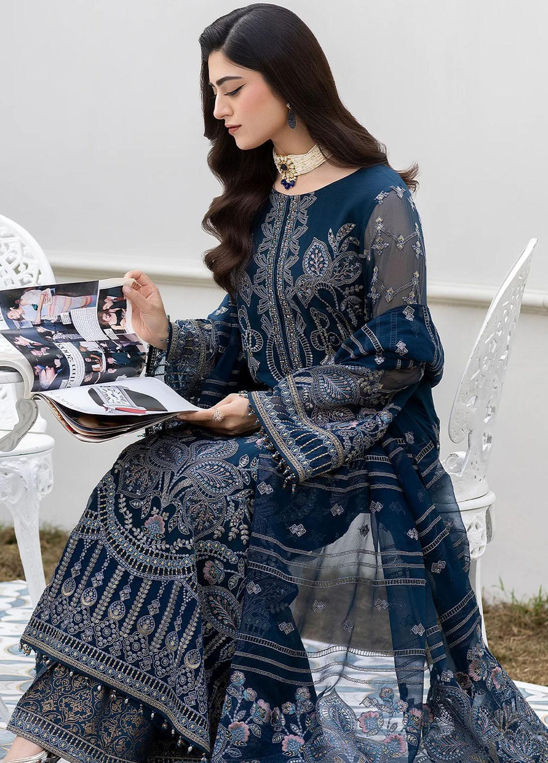 Shafaq By Flossie Embroidered Chiffon Suits Unstitched 3 Piece FS23EX-V7 FE-701 Abyssal - Luxury Collection