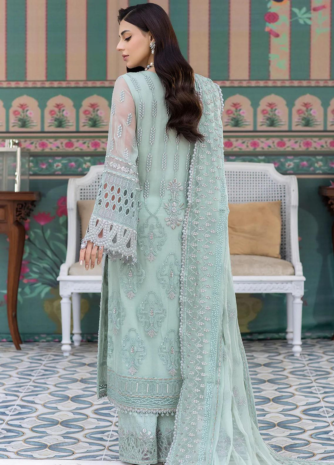 Shafaq By Flossie Embroidered Chiffon Suits Unstitched 3 Piece FS23EX-V7 FE-702 Minty - Luxury Collection
