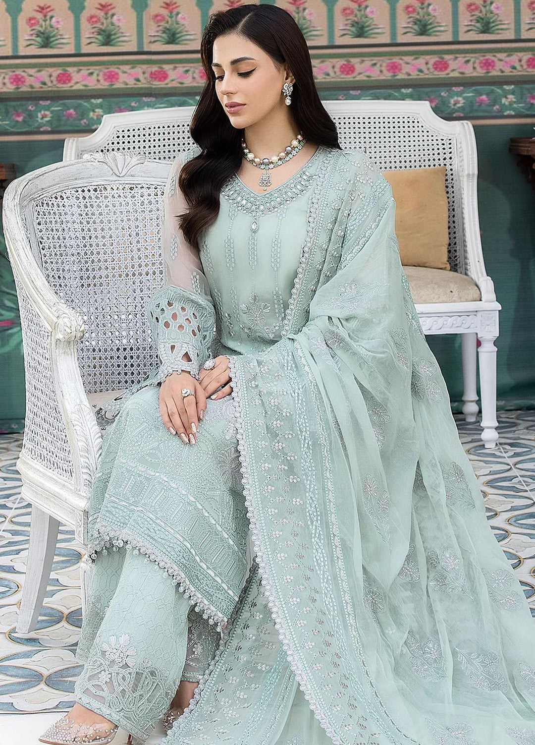 Shafaq By Flossie Embroidered Chiffon Suits Unstitched 3 Piece FS23EX-V7 FE-702 Minty - Luxury Collection
